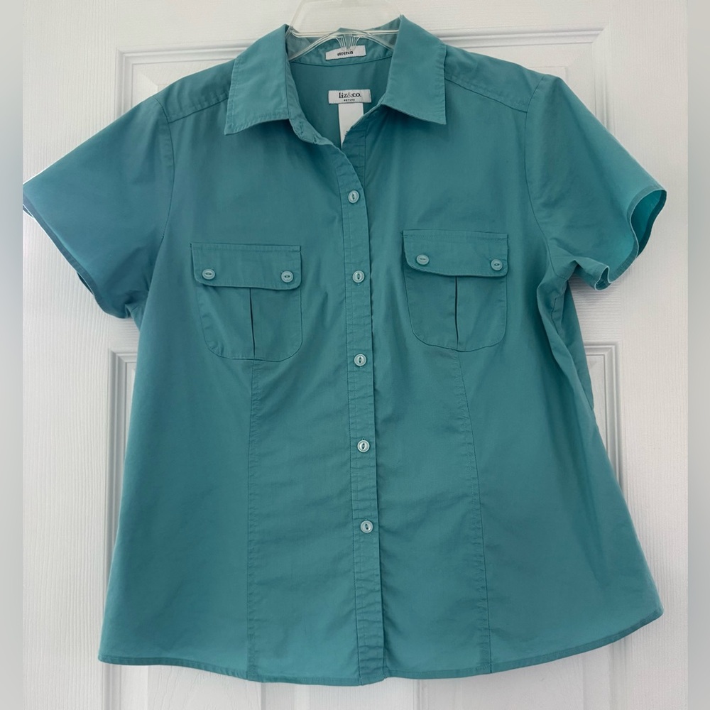 Liz & Co Turquoise Button-Down Short Sleeved Shirt SZ Large Petite